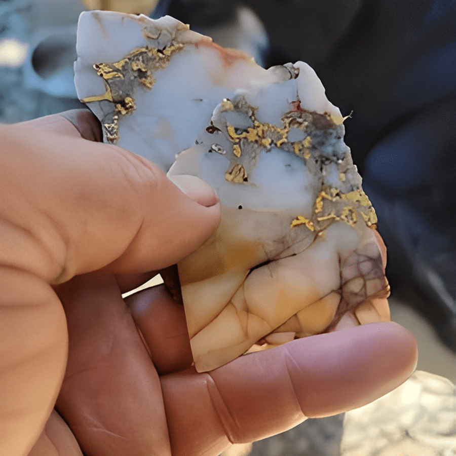 Person examining a patterned rock fragment